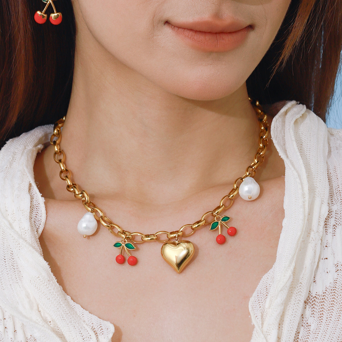 Heart of Pearls & Cherries Necklace